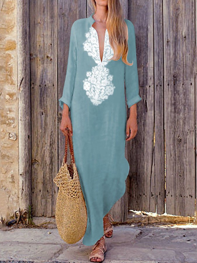 Cotton Linen V-Neck Long Sleeve Casual Dress