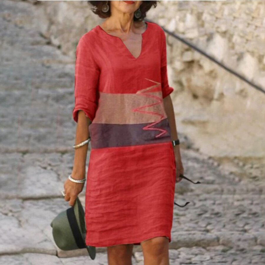 Red Printed Cotton Linen Short Sleeve V-Neck Dress