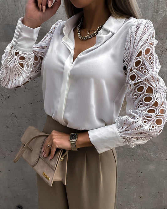 Solid Color Lace Panel Shirt Shirt