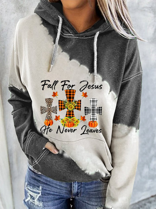 Women's Fall For Jesus, He Never Leaves Tie-dye Print Casual Hoodie
