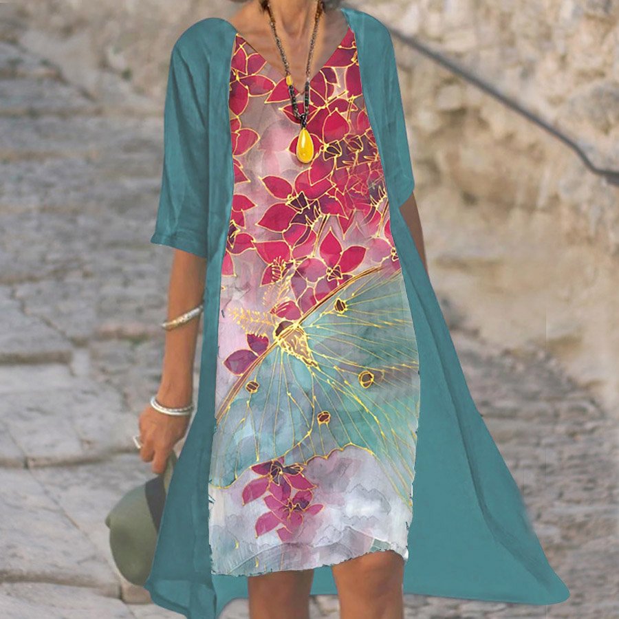 Women's Printed Short Sleeve Two Piece Dress