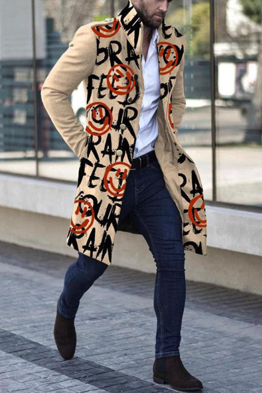 Fashion Fall Winter 2021 Simple Printed Stand Collar Trench Coat