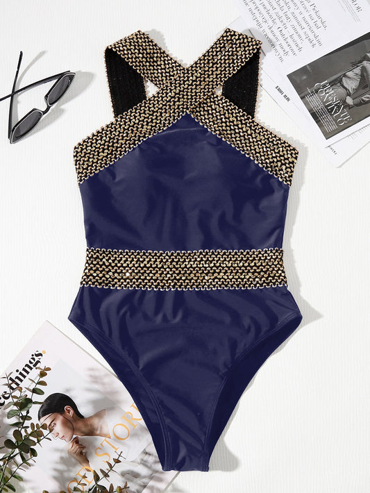 Women's Sequined Cross Neck Sexy One Piece Bikini