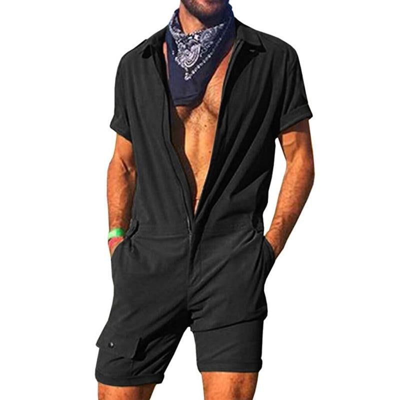 Men's Casual Solid Color Zipper Short Sleeve Jumpsuit 69241282Y