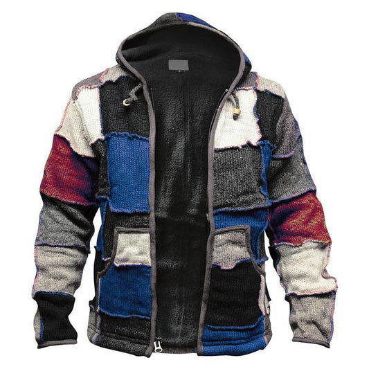 Men's Zip Colorblock Fleece Cardigan Hooded Knit Sweater 78299616X