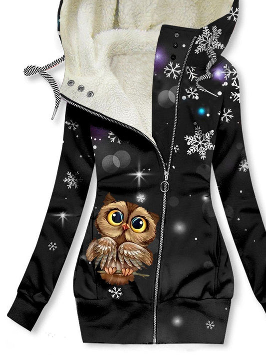 Women's Winter Owl Print Casual Fleece Hoodie Sweatshirt