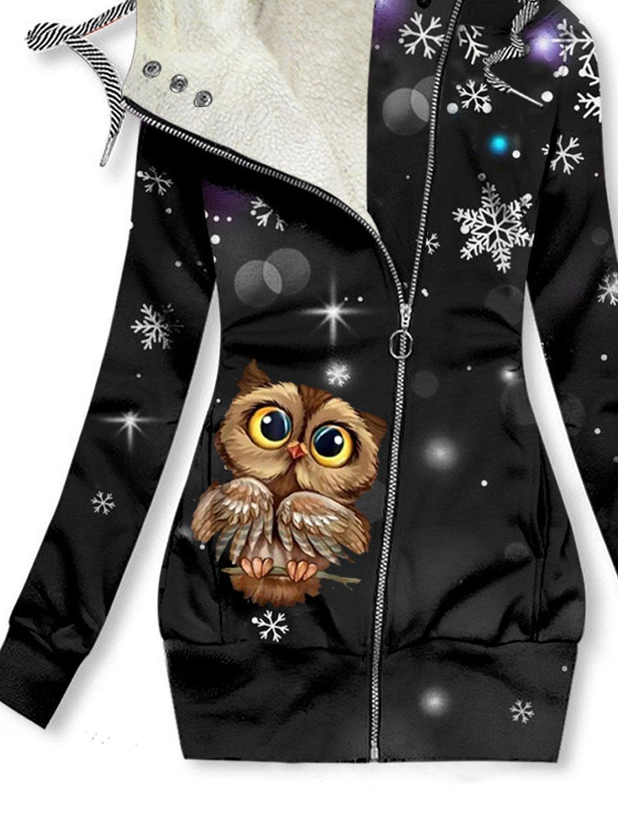 Women's Winter Owl Print Casual Fleece Hoodie Sweatshirt
