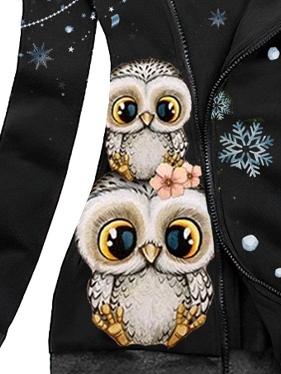 Women's Winter Snowflake Owl Casual Sweatjacken
