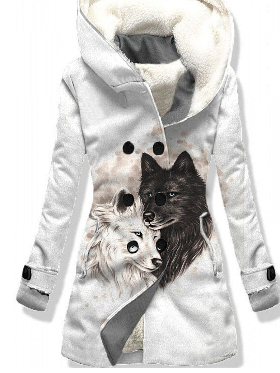 Women's Winter Wolf Pattern Casual Hooded Button Down Coat