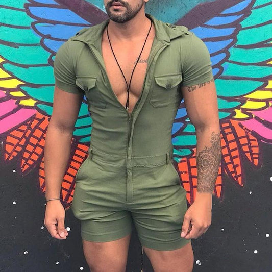 Men's Solid Color Zipper Short Sleeve Jumpsuit 21065818Y