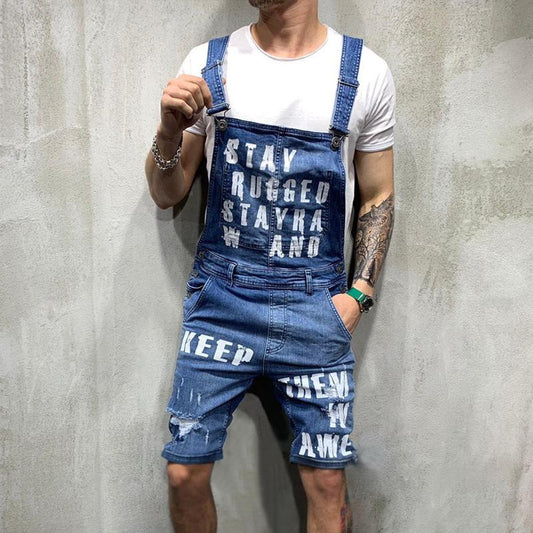 Men's Vintage Letter Print Ripped Denim Shorts Overalls 57767118Y
