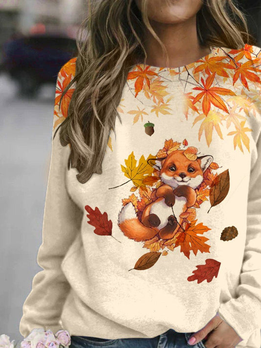 Women's Autumn And Winter Maple Leaves Cute Fox Casual Sweatshirt
