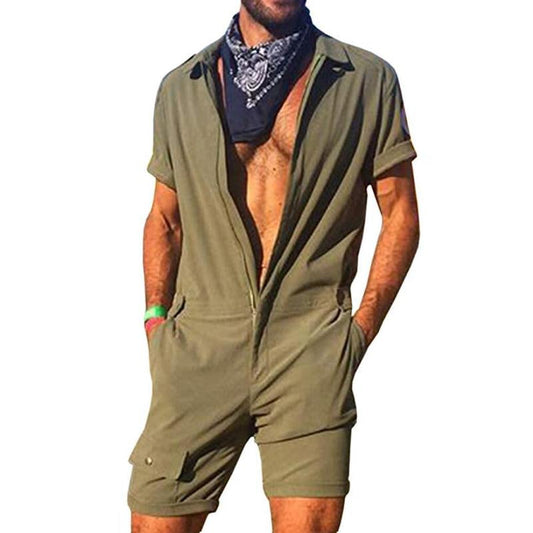 Men's Casual Solid Color Zipper Short Sleeve Jumpsuit 69241282Y