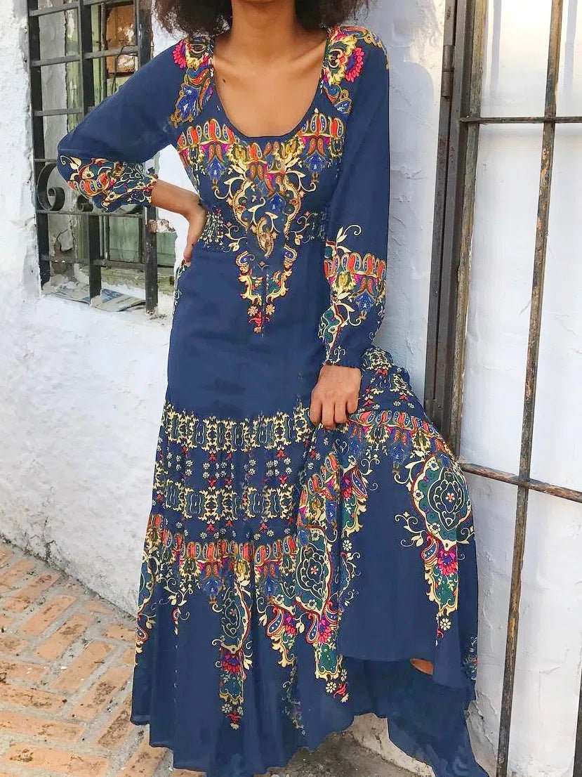 Women's Dresses Vintage Print Crew Neck Long Sleeve Dress - Maxi Dresses - Instastyled | Online Fashion Free Shipping Clothing, Dresses, Tops, Shoes - 02/03/2022 - color-black - color-blue