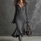 Retro Zipper Neck Trumpet Sleeve Knitted Midi Dress