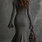 Retro Zipper Neck Trumpet Sleeve Knitted Midi Dress