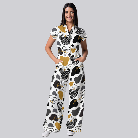 Women's Wide Leg Love Bear Print Scrub Jumpsuit