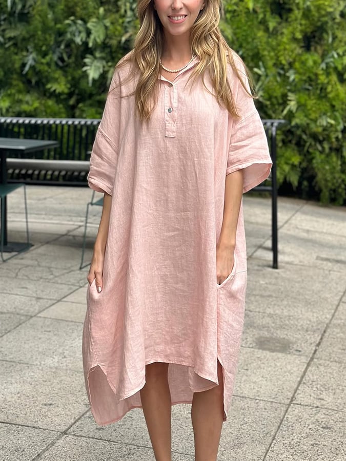 Women'S Casual Solid Color Half-Button Cotton And Linen Dress