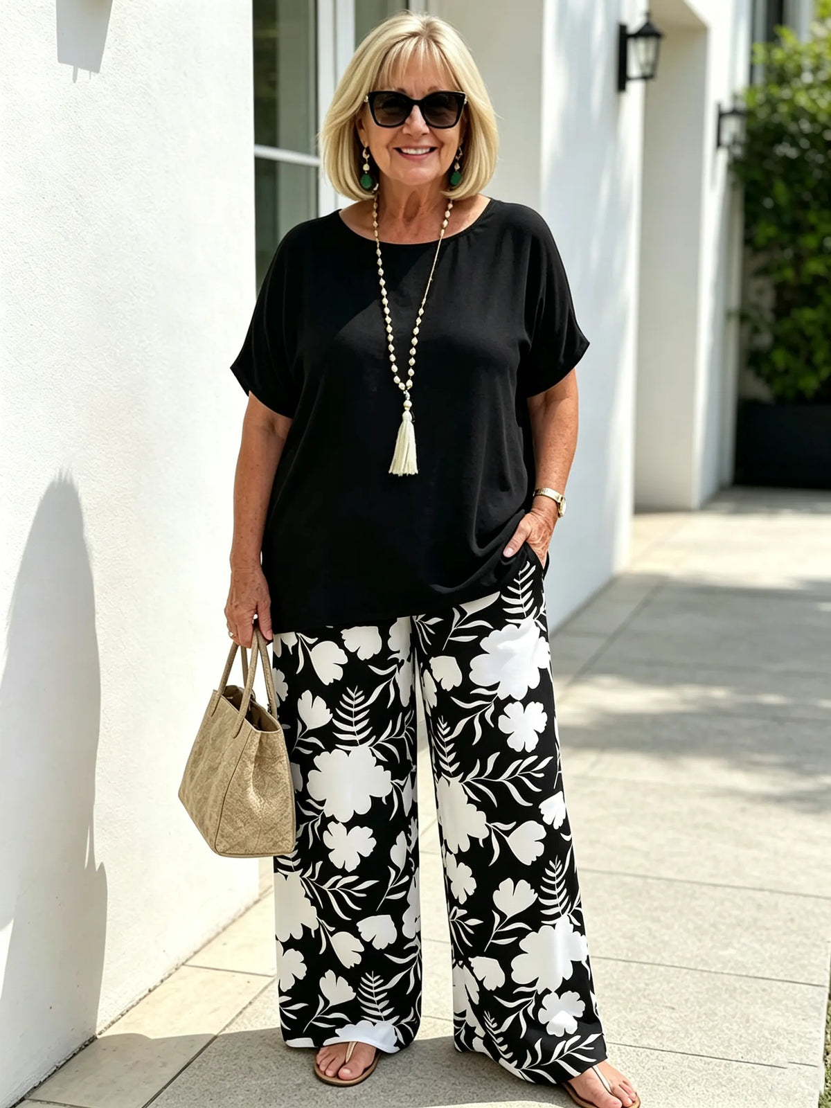 Elegant Two‐Piece Casual Suit for Women, Loose Solid Short Sleeve Top and High Waist Floral Printed Wide Leg Pants, Comfortable Relaxed Fit Co‐Ord Outfit, Fashionable Loungewear for Summer Daily Holiday Occasions