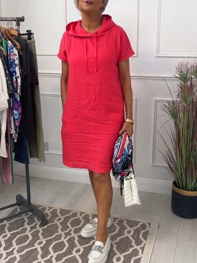 Women's solid color casual hooded cotton and linen dress