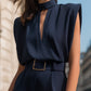 High-Neck Cutout Belted Tailored Romper