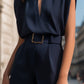 High-Neck Cutout Belted Tailored Romper