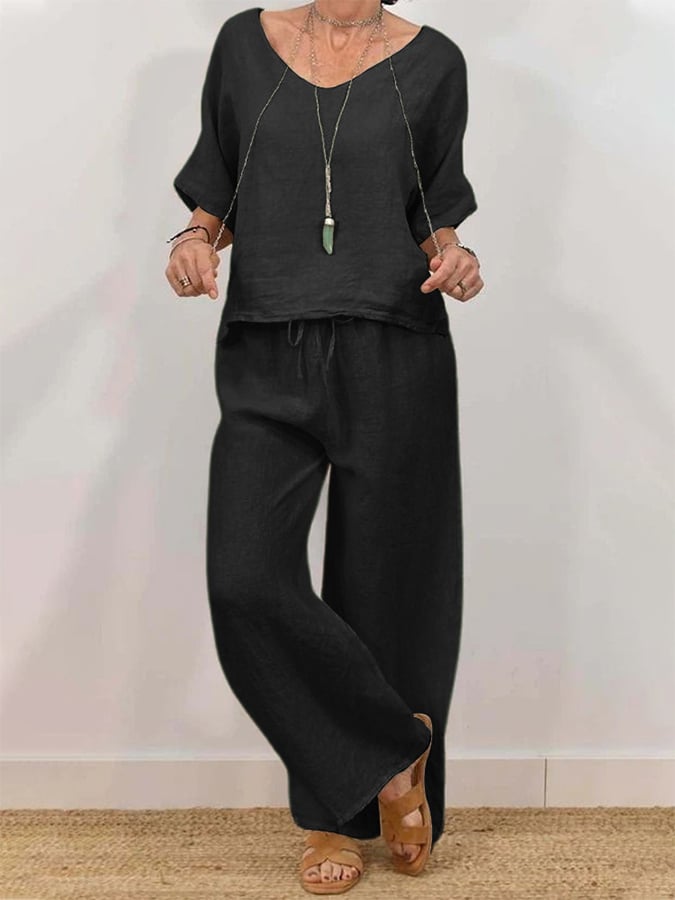 Women'S Casual V-Neck Pullover With Half Sleeves + Long Pants Two-Piece Suit
