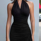 Halter Neck Ruched Asymmetrical Ruffle Midi Dress