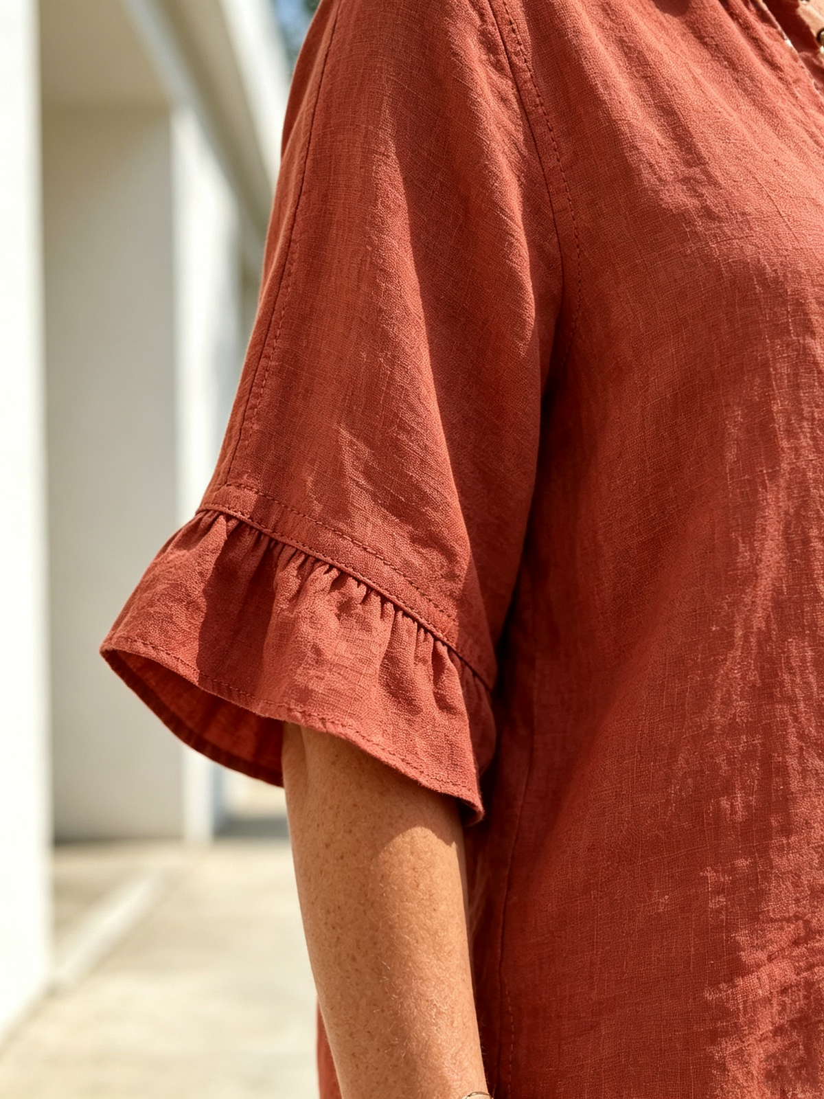2Pcs Casual Matching Outfit Set, Mandarin Collar Half Button Top, Ruffle Edge Seven-quarter Sleeve Blouse, Solid Lightweight Textured Fabric, Elastic Waist Nine-quarter Jogger Pants with Button Hem Detail, Relaxed Loose Fit Co-Ord Suit for Daily L