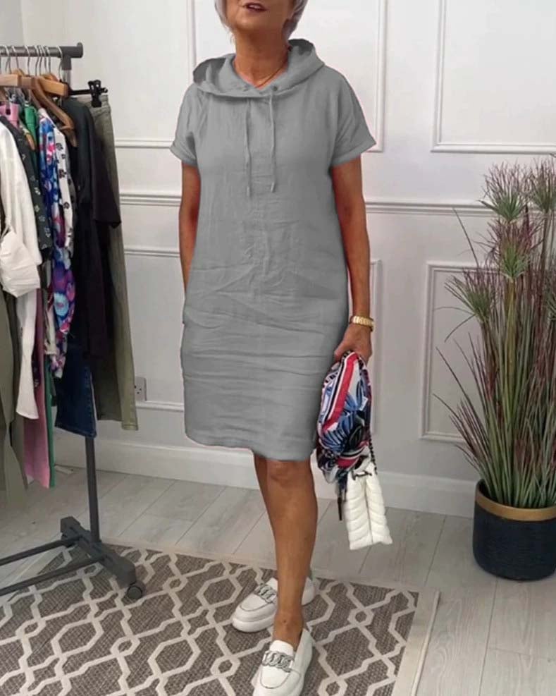 Women's solid color casual hooded cotton and linen dress