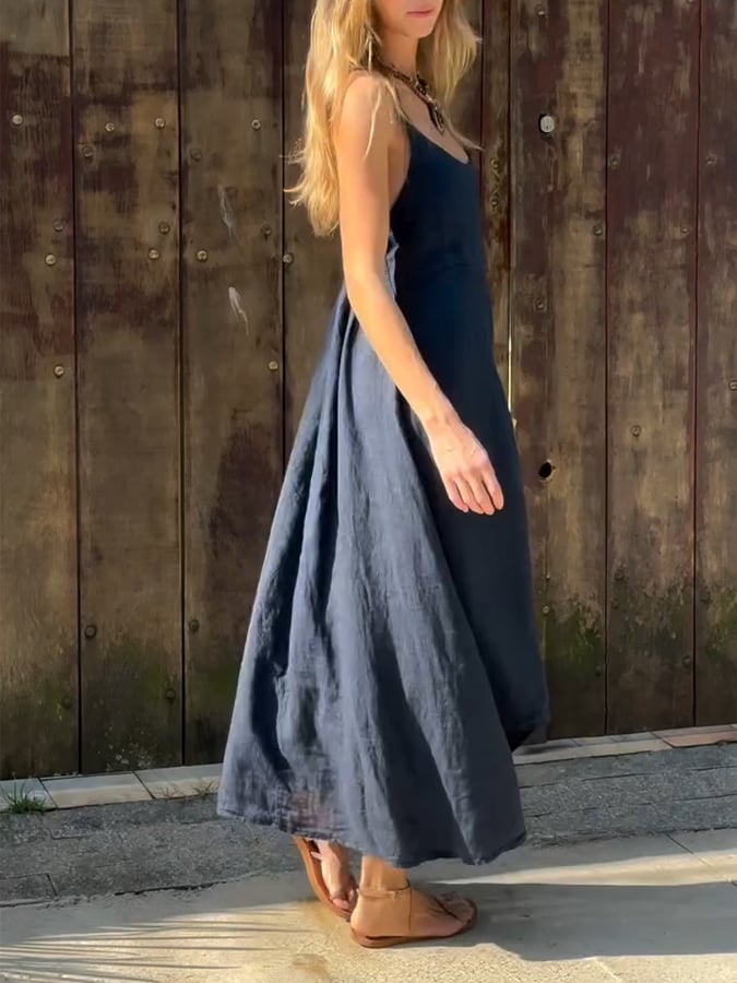 Women'S Casual Irregular Hem Solid Color Cotton And Linen Dress