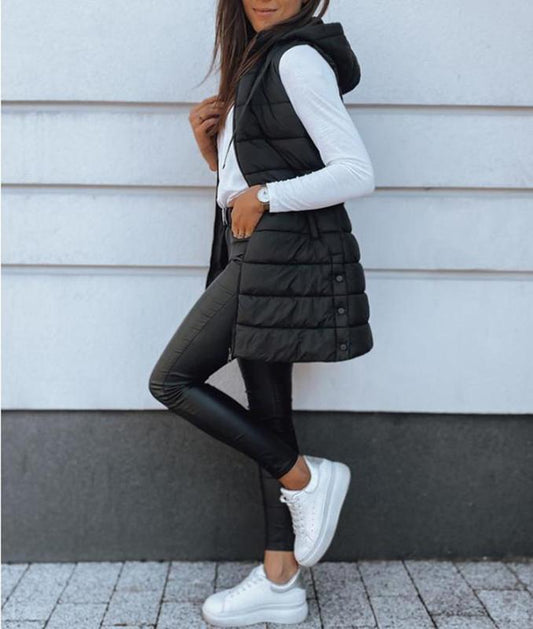 ❄️Women Long Puffer Vest 👗 | Solid Color | Sleeveless | Hooded | Winter Wear 💕（BUY 2 FREE SHIPPING)）