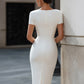 Draped V-Neck Cap Sleeve Bodycon Midi Dress