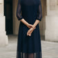 Mandarin Collar Sheer Overlay Midi Dress