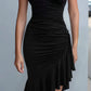 Halter Neck Ruched Asymmetrical Ruffle Midi Dress