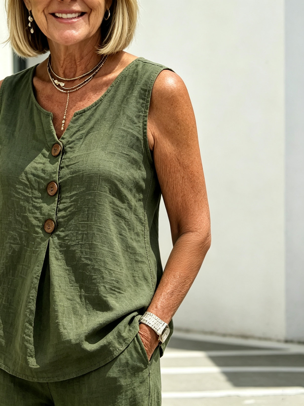 2Pcs Cotton and Linen V-neck Button Sleeveless Vest Top Set Two-piece Set