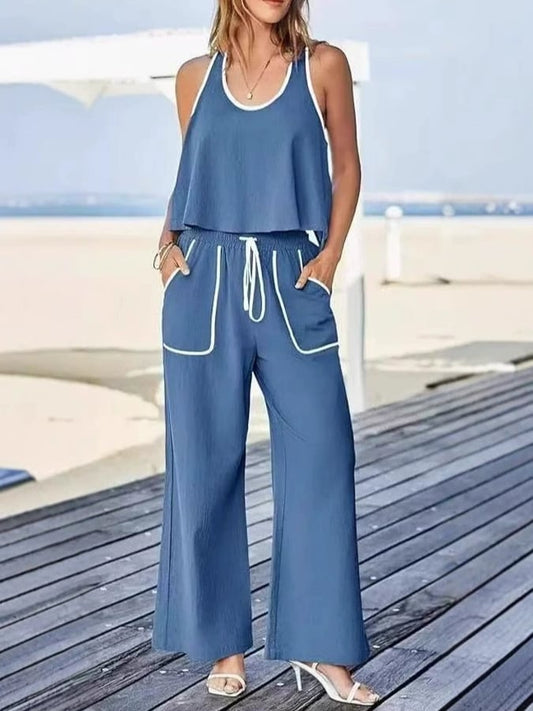 Women's Casual Solid Color Cotton and Linen Loose Vest Contrast Color Two-piece Set