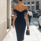 Off-Shoulder Sheer Mesh Sleeve Bodycon Midi Dress
