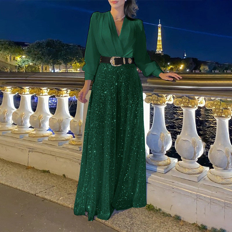 Stylish V-Neck Long Sleeve Shirt & Sequin Wide Leg Pants Set (Buy 2 Free Shipping)