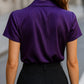 Satin Stripe Short-Sleeve Glossy Blouse with Wide Collar