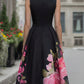 Elegant Sleeveless Midi Dress With Floral Printed Skirt