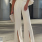 Cape-Sleeve High-Neck Blouse & Slit Wide-Leg Trousers Set
