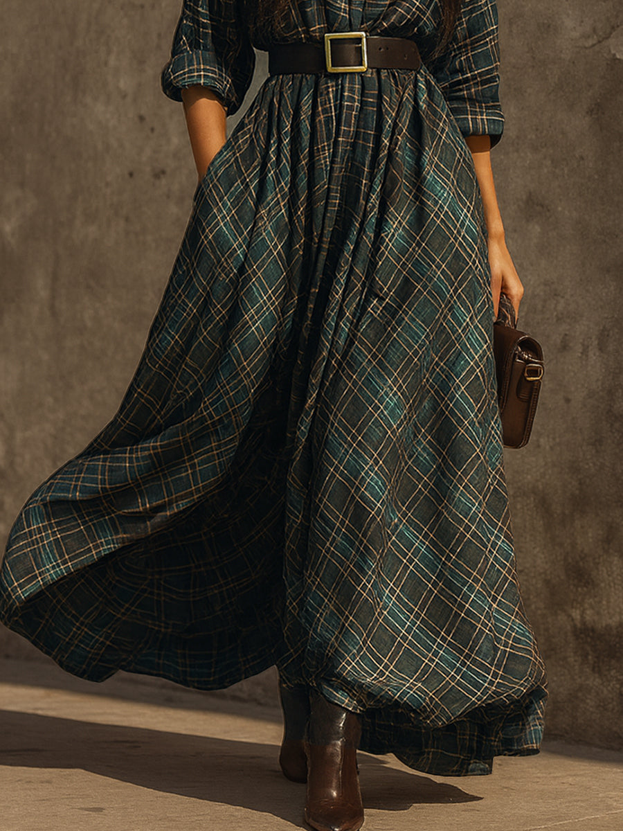 Retro Plaid Cotton-blend Single-breasted Maxi Dress With Belt