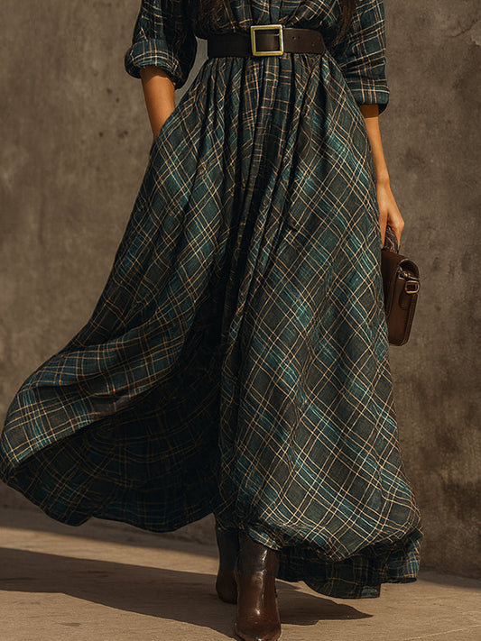 Retro Plaid Cotton-blend Single-breasted Maxi Dress With Belt