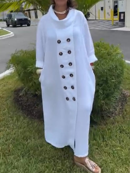 Women's Casual Round Neck Solid Color Button Loose Dress