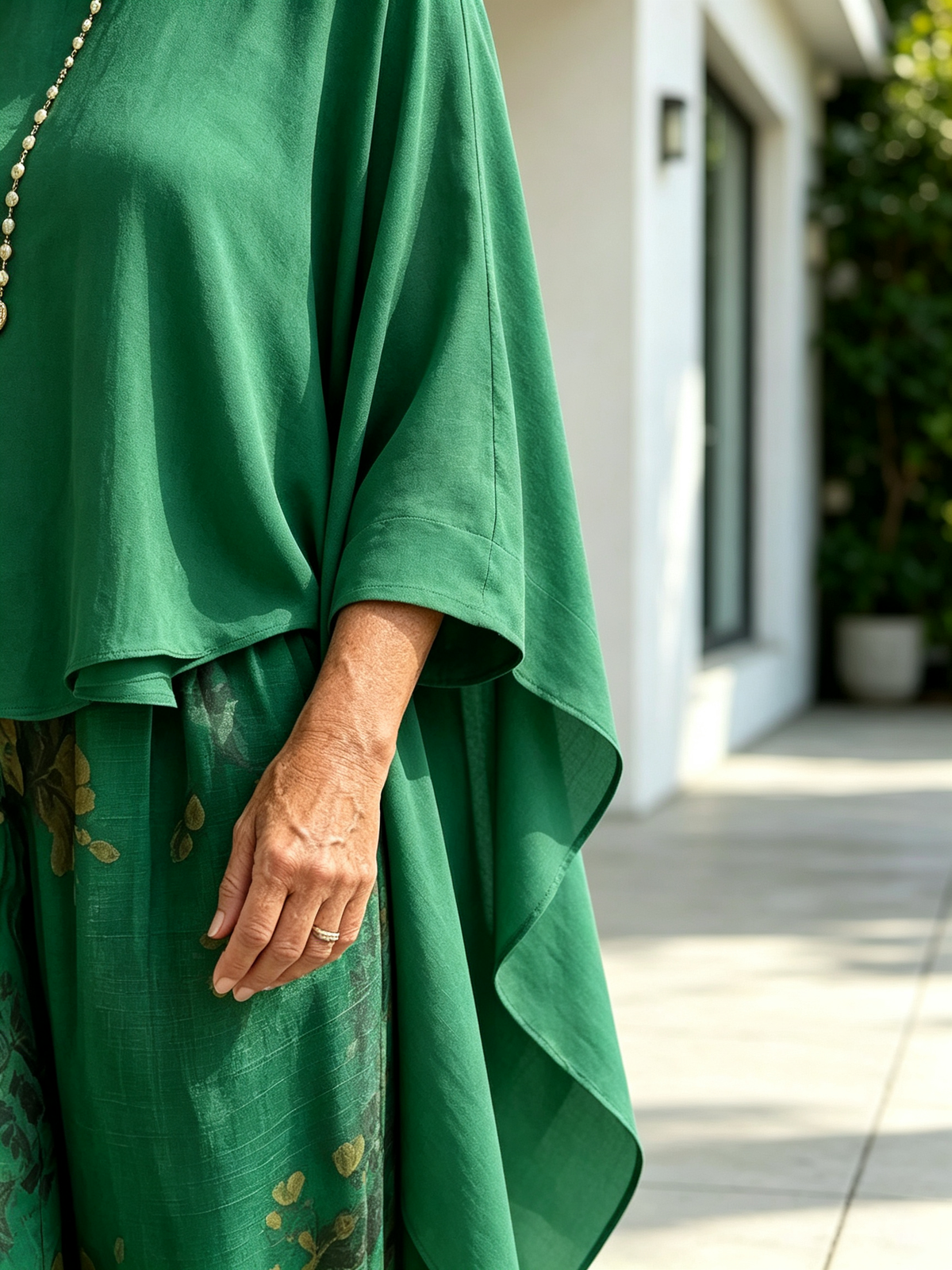 2‐Piece Outfit Set, Solid Color Asymmetrical Draped 3/4 Sleeve Boat Neck Top, Floral Printed High‐Waist Wide‐Leg Pants With Side Pockets, Loose Flow‐y Linen‐blend Fabric, Relaxed Silhouette For Daily Wear, Vacation And Casual Occasions