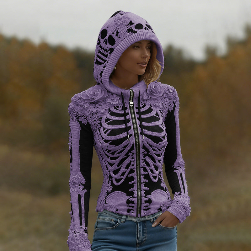 Women's Halloween Skeleton Bones With Roses Art Knitted Warm Zipper Hooded Sweater