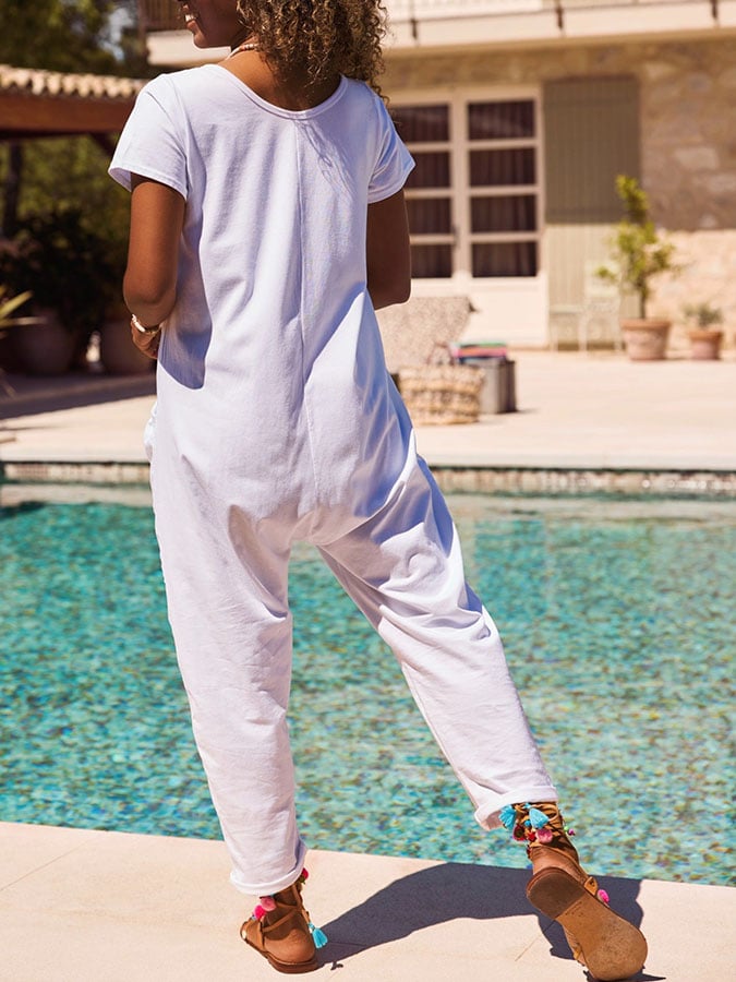 Women's Casual Solid Color V-Neck Short Sleeve Pocket Jumpsuit