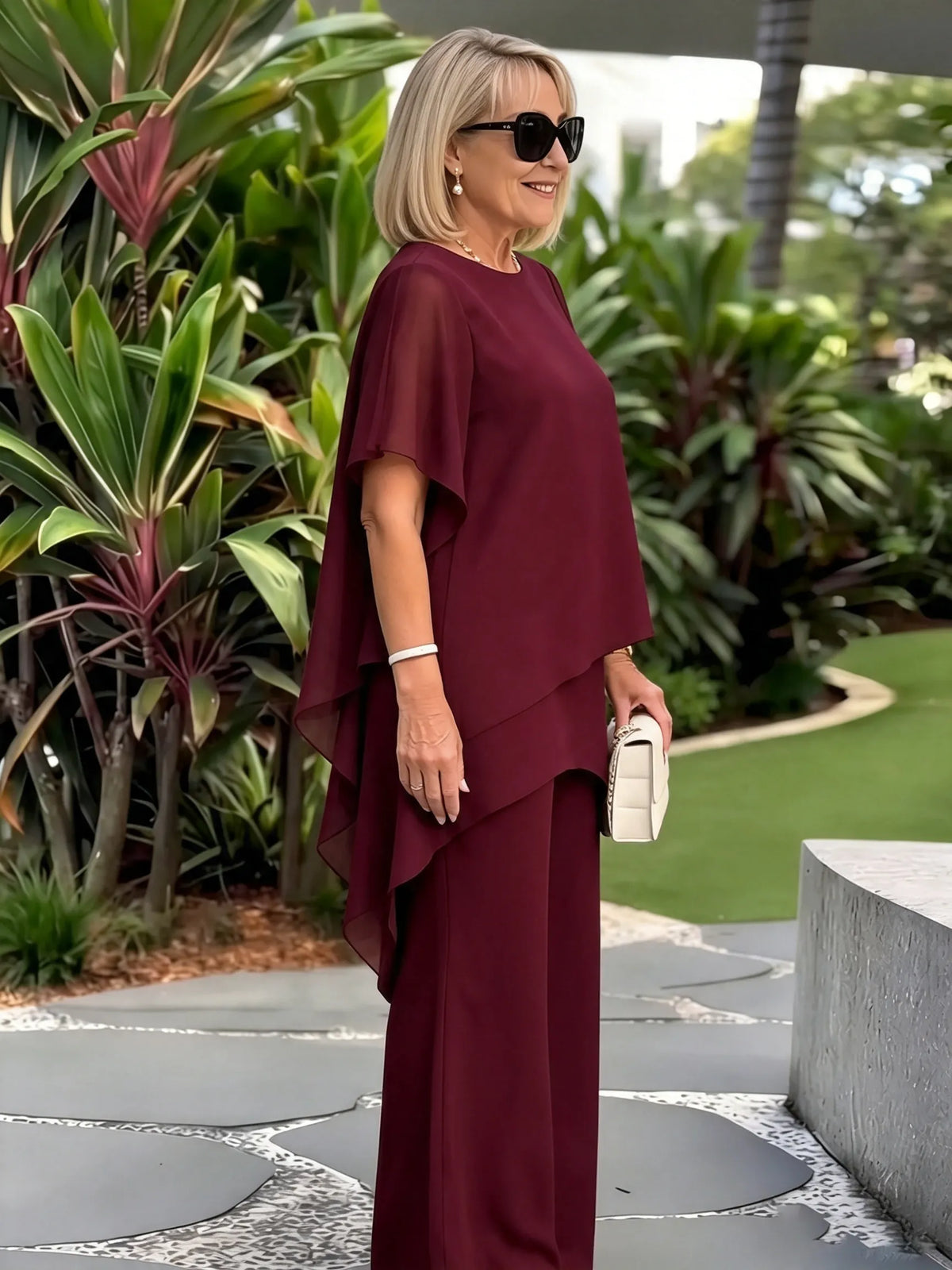 Women's 2 Piece Chiffon Pants Set, Round Neck Sheer Flutter Sleeve Asymmetric Double Layer Tunic Top & Wide Leg Trousers, Elegant Loose Matching Outfit for Wedding Guest Formal Occasions