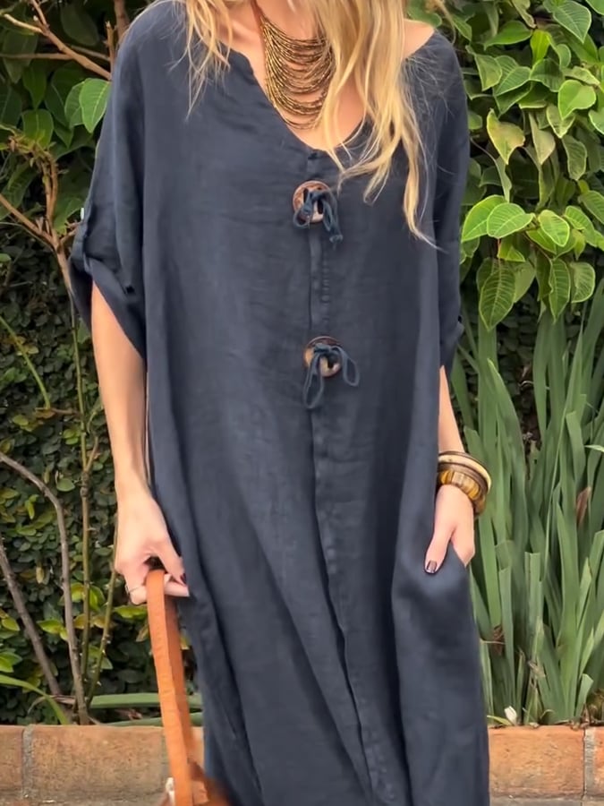 Women's Casual Loose Button Decoration Slant Pocket Cotton and Linen Dress